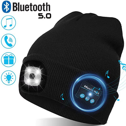 Warm Beanie Bluetooth 5.0 LED Hat Wireless Stereo Headset Music Player with MIC for Handsfree Support Dimming Rechargeable